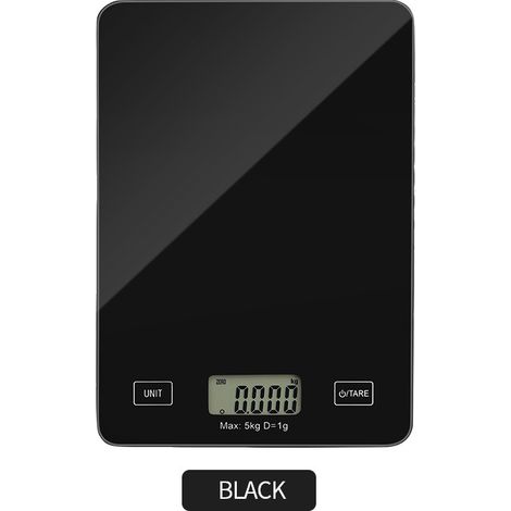 Balance de Cuisine Electronique 5kg, Pèse Alimentaire Numérique de Précision 1g en Verre Renforcé Étanche, Écran LCD Rétroéclairé, 5 Unités de poids en grammes/onces etc., Bouton tactile, Noir