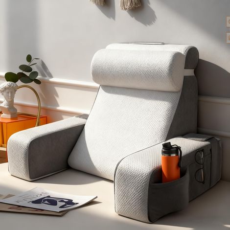 Grand Coussin de Lecture avec Appui-Tête et Accoudoir Détachables, Coussin de Dos pour Lit, Coussin Ergonomique pour le Dos avec Tête de Lit, Coussin avec Bras et Poche et Housse Lavable pour Coussin (1/4)