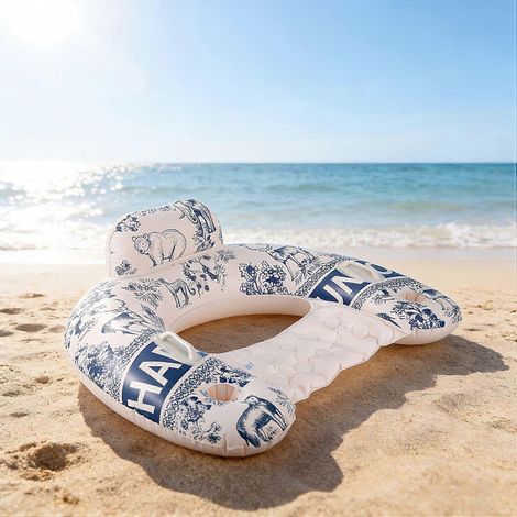Fauteuil gonflable floral pour piscine adulte, bouée en forme de U avec dossier et porte-gobelets, matelas gonflable ergonomique pour l'été à la piscine ou à la plage. (1/5)