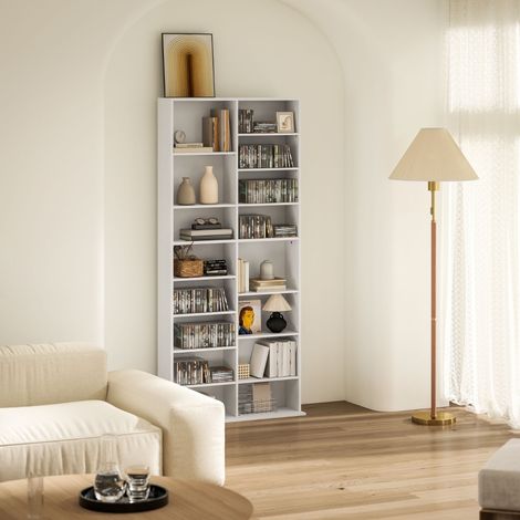 Scaffale porta CD/DVD in legno bianco, 14 ripiani regolabili, 78,5 x 24 x 175 cm