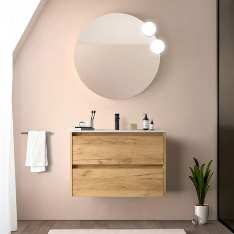 Mobile bagno sospeso 80 cm rovere africa con specchio e lavabo Gaya (1/5)