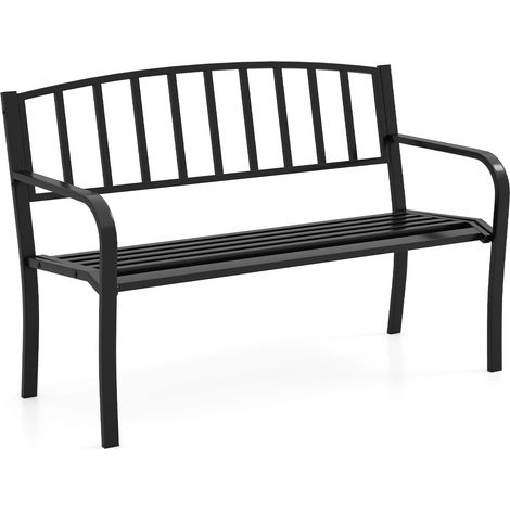 Banc de Jardin de 127 cm en Métal pour 2-3 Personnes avec Dossier à Lattes et Accoudoirs Incurvés, pour Porche, Pelouse, Cour, Parc, Noir (1/5)