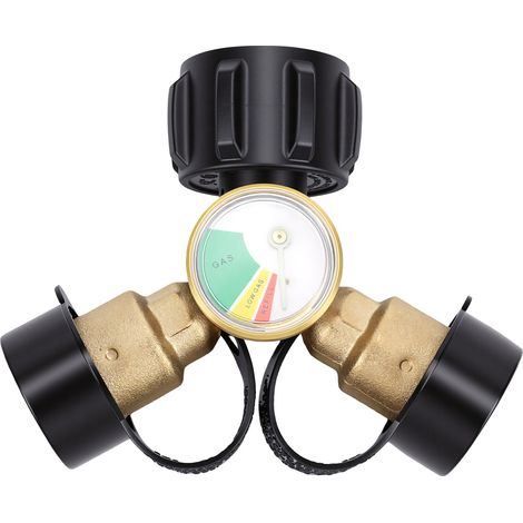 Répartiteur de réservoir de gaz avec jauge 2 voies niveau en Y indicateur arrêt vanne pour camping, cuisinière, barbecue, brûleurs et plus (1/5)