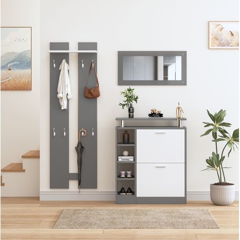 Schuhschrank für den Eingangsbereich 80 x 25 x 96,5 cm mit Spiegel und 2 Wandpaneelen HAVRYA (1/5)