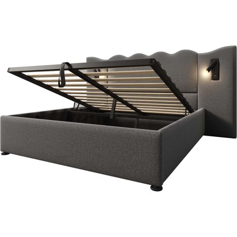 Cama canapé doble 160x200 con lámpara de lectura y puertos USB-C, gris, lino, HOMVRA (1/5)