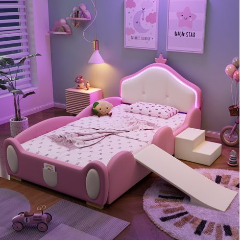 Polsterbett 90/200 cm rosa/beige aus PU mit LED, Rutsche und Treppe (1/5)