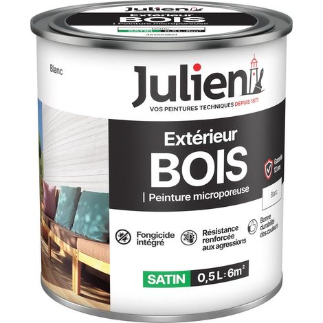 Julien Peinture Bois Microporeux Extérieur Satin - Portes, fenêtres, portails, mobilier de jardin - Blanc 0,5 L