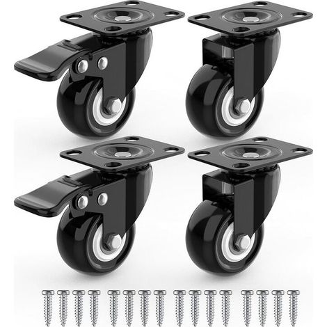 4 roulettes pivotantes pour meubles, dont 2 avec freins et vis - 50 mm, jusqu'à 100 kg - Roulettes non marquantes pour charges lourdes - Roues en caoutchouc pour chariots - Noir (1/5)