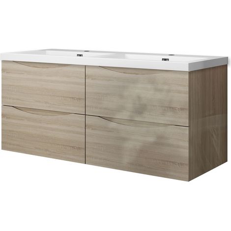 Meuble de salle de bain suspendu 120 cm, 4 tiroirs, avec vasque blanche,MDF chêne