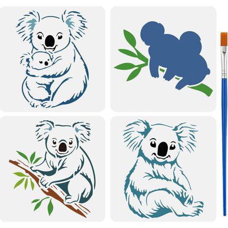 4 Pcs Pochoir de Peinture Koala Avec Pinceau 15x15cm Pochoir Koala sur Arbre Pochoirs de Décoration pour Animaux Mignons pour Peinture sur Bois, Mur, Tissu, Meubles (1/5)