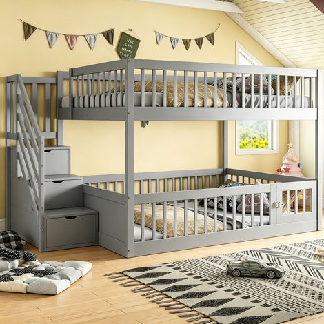 Bett Etagenbett Stauraum 140x200 Massivholz Grau OKMYHOME (1/5)