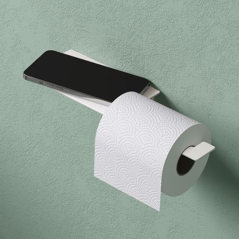 Mai & Mai Toilettenpapierhalter mit Ablage, Klopapierhalter WC aus Edelstahl, Toilettenpapier Halterung Rollenhalter Matt weiß 30cm Lino-01