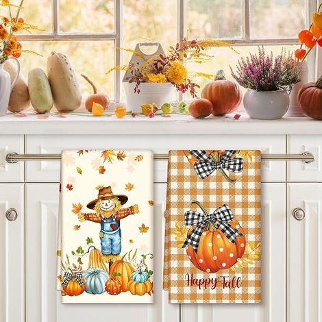 Kitchen Tea Towels Autumn Pumpkin Scarecrow Absorbent Hand Towel Cotton Tea Towel Seasonal Tableware 48cm x 70cm (1/4)