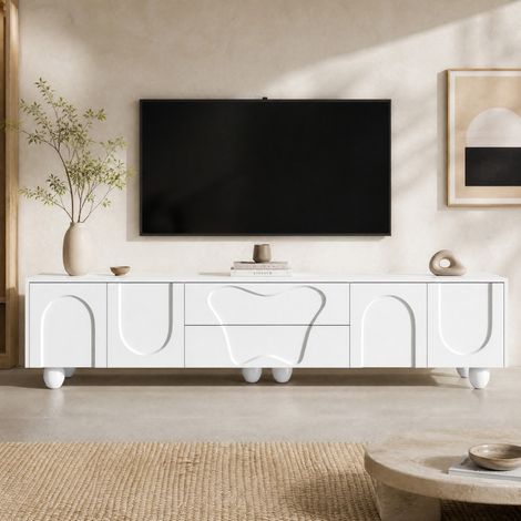 Mueble TV 180x40x42 cm blanco con amplios compartimentos y patas de madera (1/5)