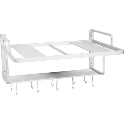 Eosnow,Mensola da Parete per Forno a Microonde, in Alluminio Space, Mensola da Muro Forno Microonde con 10 Ganci e 2 Ripiani, Scaffale per Forno a Microonde a Parete per Cucina, Argento (1/5)
