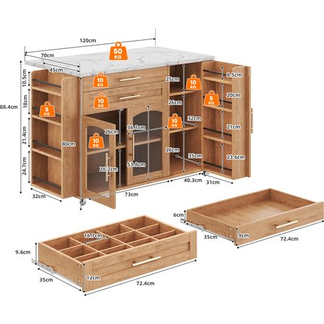 Îlot de cuisine mobile avec plan de travail rabattable, chariot de cuisine à 5 roulettes, nombreux rangements, porte-épices, tiroir à couverts, 120 x 45 (70) x 90 cm (1/5)
