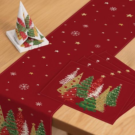Weihnachts Tischdeko Set: Tischläufer, Platzsets & Servietten mit Weihnachtsbäumen