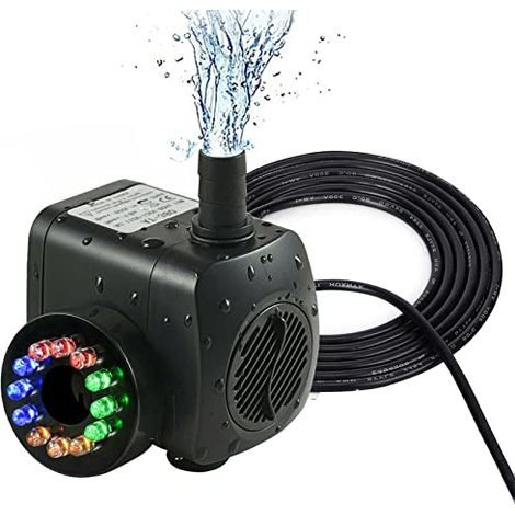 Leise Tauchpumpe für Aquarien, Gartenbrunnenpumpe für den Außenbereich, elektrische Wasserpumpe, einstellbarer Durchfluss, Springbrunnenpumpe, Fischteichpumpe, Aquaponik, 12 LED-Licht, 220–240 V, 15 W (1/5)