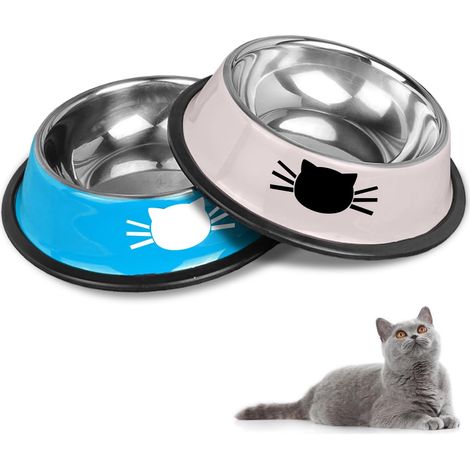 Set aus rutschfesten Edelstahl-Katzennäpfen (blau + grau) (1/5)