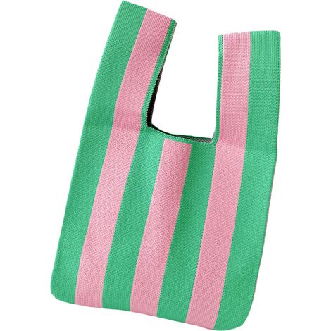 Große, faltbare und wiederverwendbare Tragetasche mit Streifenmuster aus Webstoff für den täglichen Einkauf und auf Reisen – Rosa und Grün (1/5)