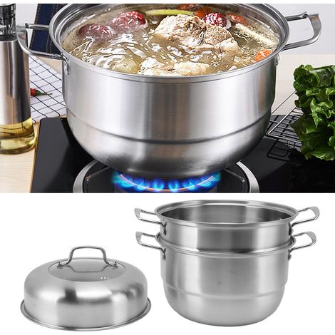 Cuiseur vapeur multicouche épais en acier inoxydable de qualité alimentaire de 28 cm, grande capacité pour un usage domestique, cuiseur vapeur à double ou triple couche, couvercle combiné à trois couc (1/5)
