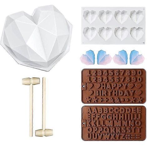 Moules en silicone pour chocolat : moule en forme de cœur, moule en forme de lettre et de chiffre, avec maillets en bois, racloir en silicone pour mousse. (1/5)