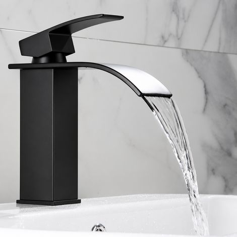 Robinet Mitigeur Lavabo Cascade Acier Inox, modèle bas à bec plat, noir, 1,2 kg, sans tuyaux d'arrivée d'eau – Livraison gratuite (1/3)
