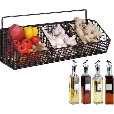 Panier Mural 3 Compartiments pour Oignons, Ail, Gingembre et Pommes de Terre, Organiseur Gain de Place (1/5)