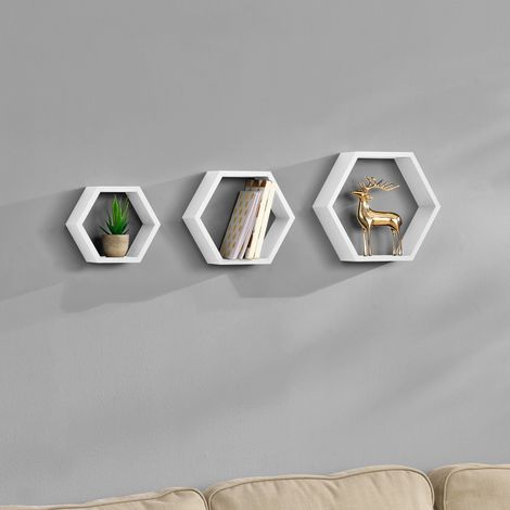 Set di 3 Mensole Esagonali da Parete Scaffali da Muro Design a Nido d’Ape - Bianco [en.casa] (1/3)