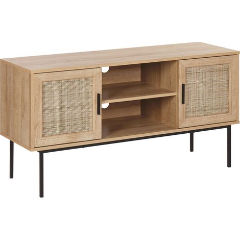Mueble de TV con 2 puertas madera clara frente de ratán natural 120 x 63 cm patas de metal mimbre estilo boho Pasco