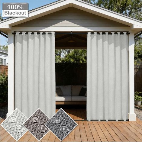 HEMVOR Rideau extérieur occultant 100 % imperméable 254 x 214 cm anti-vent effet lin Blanc grisé, 1 panneau