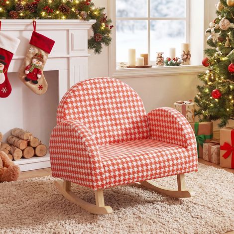 Fauteuil à bascule enfant orange en velours teddy avec assise rembourrée et pieds en bois antidérapants pour chambre et salle de (1/5)