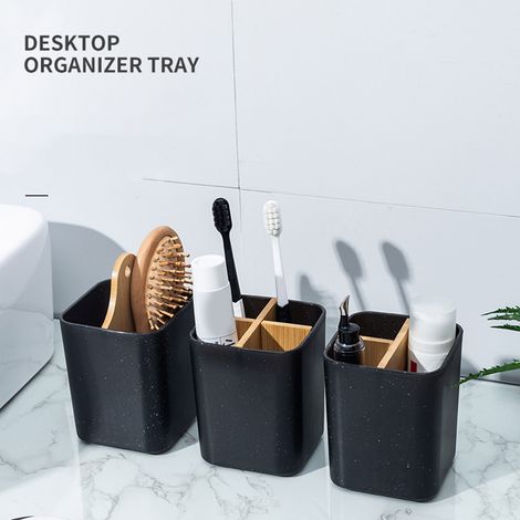 Support Pour Brosse À Dents - Avec Séparateur En Bambou - Motif Marbre - 3 Compartiments - Noir - 9 x 9 x 11 cm (1/5)
