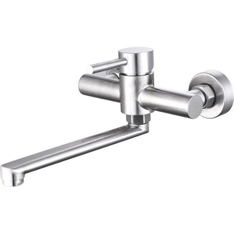 This 360° rotating stainless steel wall-mounted kitchen sink mixer tap allows for both hot and cold water operation. (1/4)