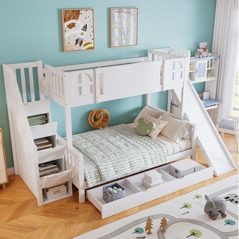 Lit superposé enfant 90/200 et 120/200 cm blanc en bois massif et MDF avec toboggan et escalier de rangement (1/5)