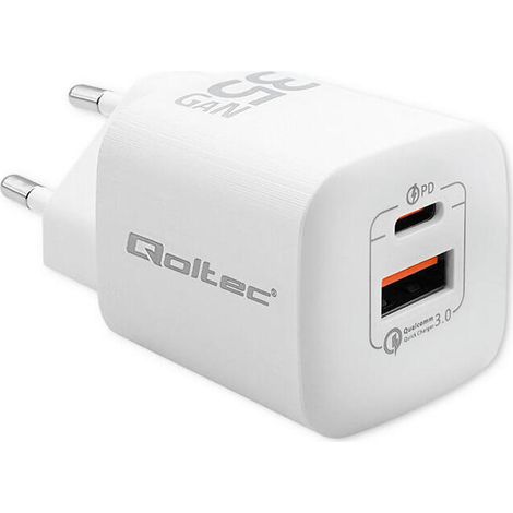 Cargador de pared Qoltec de 35 W GaN ultra 5-20 V 2,25-3 A 1 puerto USB tipo C PD 1 puerto USB QC 3.0 Blanco (1/3)
