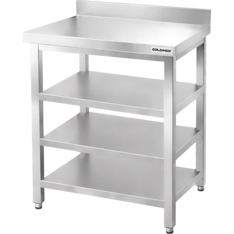 Table de travail en inox Bar 500x500 mm avec 3 étagères inférieures et dosseret PREMIUM - GOLDINOX (1/4)