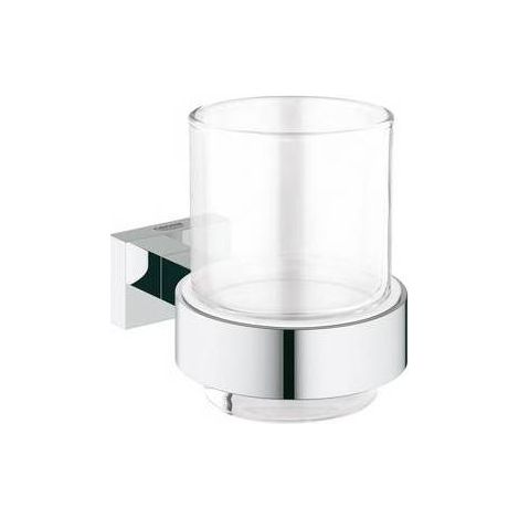 Grohe Essentials Cube Gobelet en verre avec support, accessoires de salle de bain chrome's, porte-brosse a' dents