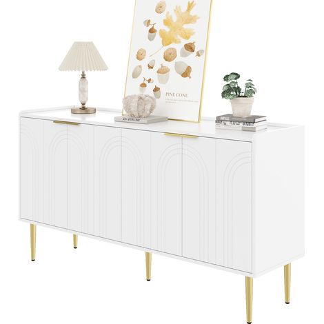 Buffet moderne blanc 4 portes avec étagères réglables, pieds métalliques dorés et fermeture douce, meuble de rangement élégant pour salon ou entrée  CHICFURN (1/5)