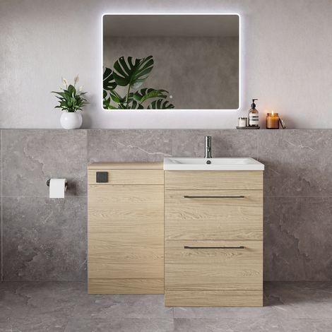 Napoli 460 Light Oak 1100mm 2 Drawer Vanity Unit Toilet Suite with Glide Basin - 1100mm - Gunmetal Grey 320mm HandleWithout Kingston Toilet Pan