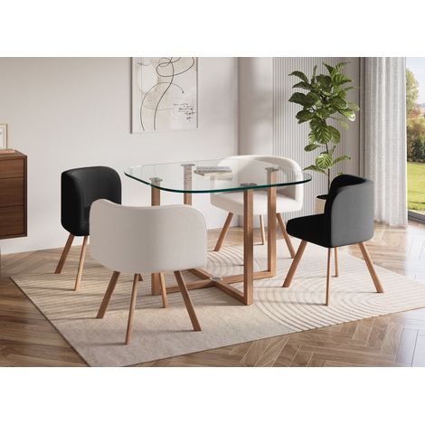 Deco In Paris – Ensemble table à manger en verre trempé – 4 chaises noires et blanches – Style scandinave – Dimensions table 100x100cm – Confort assise rembourrée