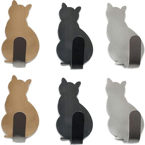 Lot de 6 crochets porte-serviettes en acier inoxydable pour petits chats, crochets muraux décoratifs pour la maison, la cuisine, la salle de bain, le rangement du bureau, sans clous (1/5)