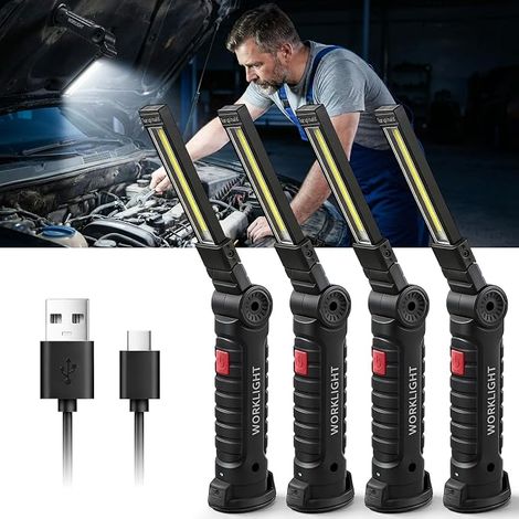 Lot de 4 lampes d'atelier LED - Cadeau pour homme - Lampe de poche - Rechargeable - Avec aimant et crochet - Pour réparation automobile et camping (1/5)