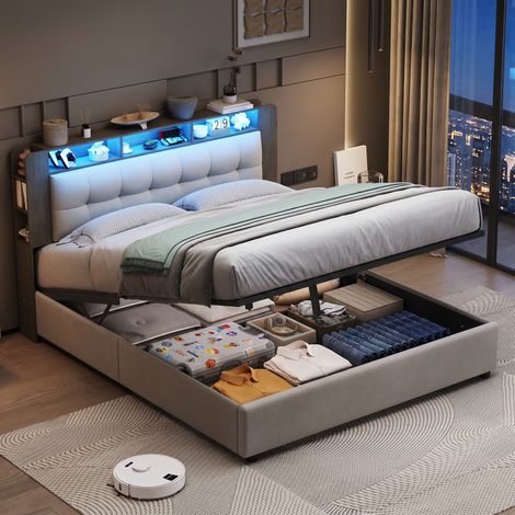 Lit Coffre 160x200 cm, tête de lit avec éclairage LED et Chargement sans Fil, Cadre de lit recouvert de Velours, lit Double avec Espace de Rangement, Matelas Non Inclus - Blanc
