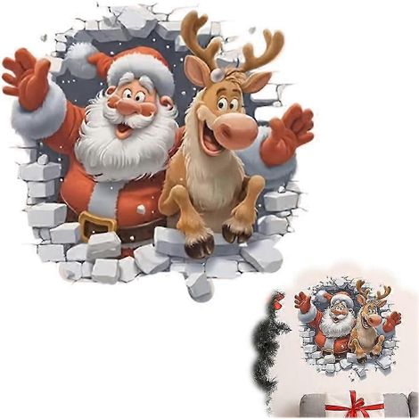 (I) Sticker mural 3D représentant le Père Noël défonçant une paroi, autocollant mural en vinyle pour les fêtes