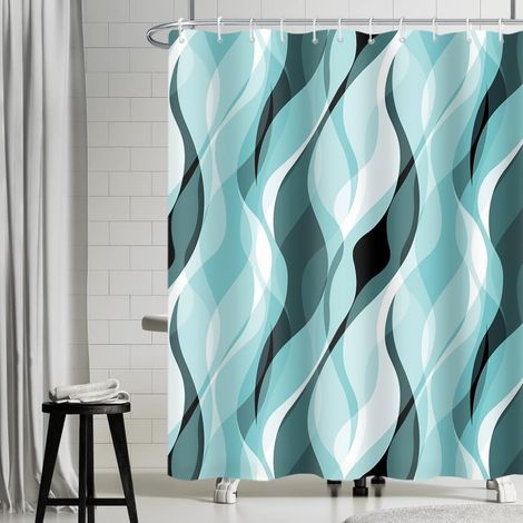 Rideau Douhe Bleu, Rideau de Douche Anti Moisissure Abstrait Rayures Turquoise Rayé Rideaux de Baignoire Tissu Imperméable Lavable Polyester Rideaux Salle de Bain avec 12 Crochets 200x180cm (1/5)