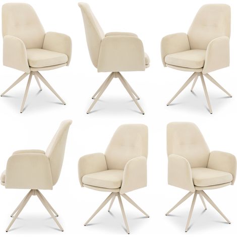 Bon Furni Chaises 360° Pivotantes Velours Blanc crème Pieds Blancs, Lot de 6