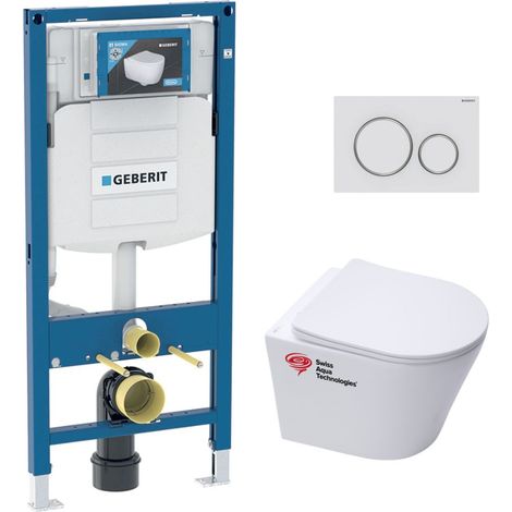 Pack WC Bati Geberit – Cuvette sans bride Swiss Aqua Technologies – Abattant soft close – Plaque double touche blanc mat – GEBSATRIMLESSJ (1/5)