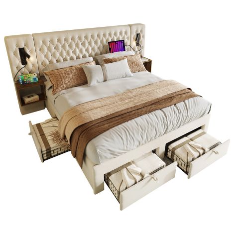 Ensemble complet, lit en tapis lit double 160×200 cm avec 2 tables de nuit et 4 tiroirs, lampe de lecture de tête avec fonction de chargement USB, beige, velvet (sans matelas)