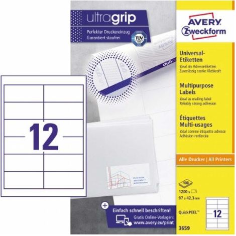 Universaletikett ultragrip 97 x 42,3 mm (B x H) nicht wieder ablösbar Papier weiß 1.200 Etik./Pack. (1/5)